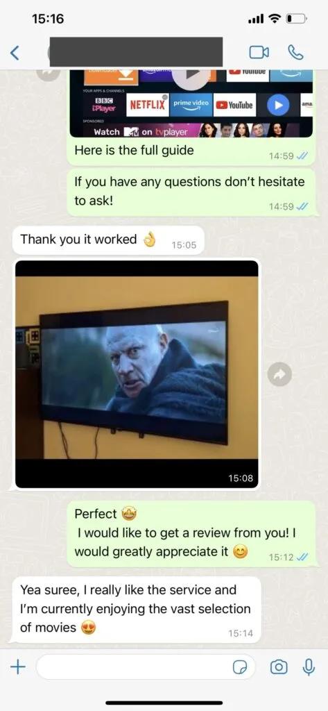 WhatsApp support dialogue showing setup completion